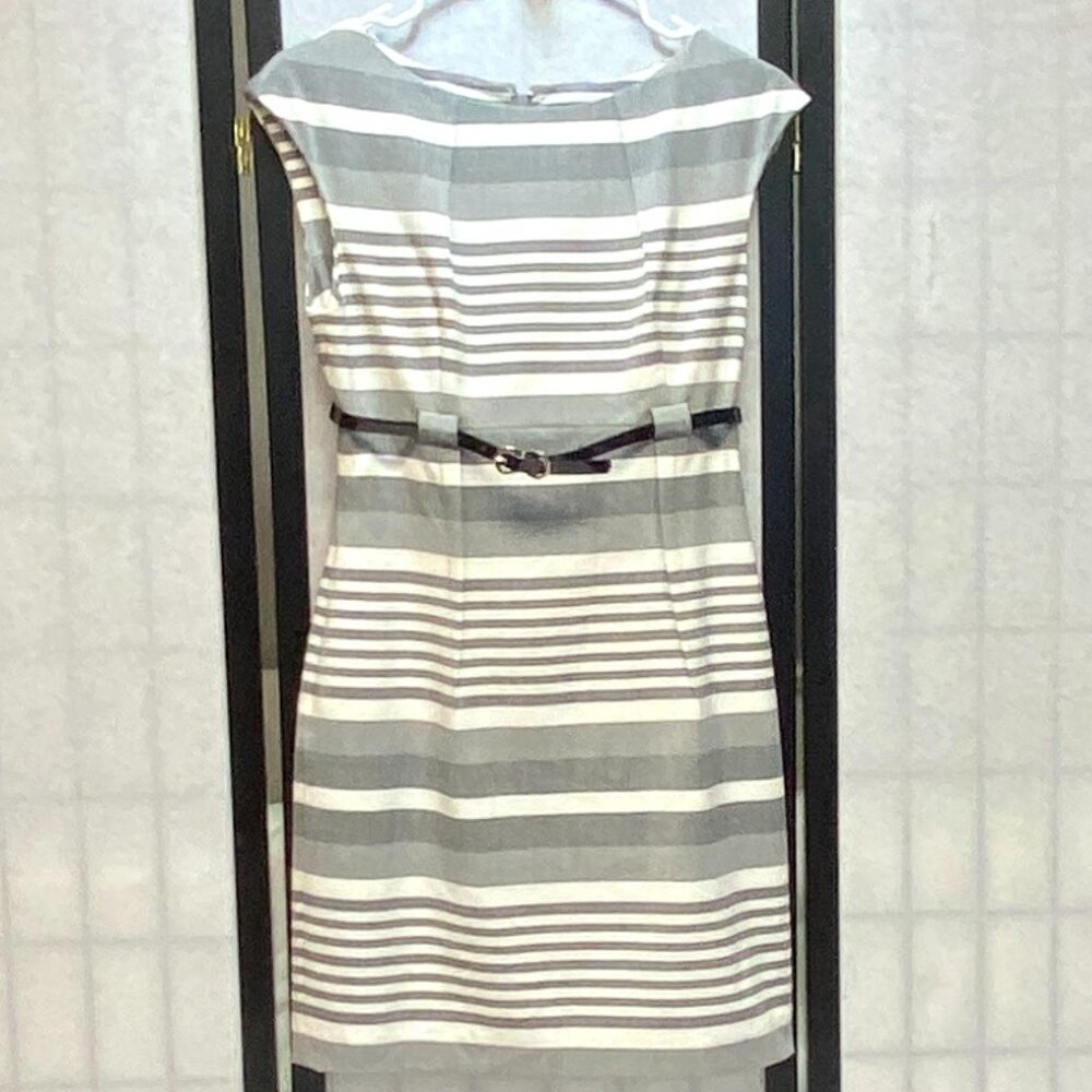 Calvin Klein Sleeveless High Waist Pleated Stripe Belted Sheath Dress Grey White
